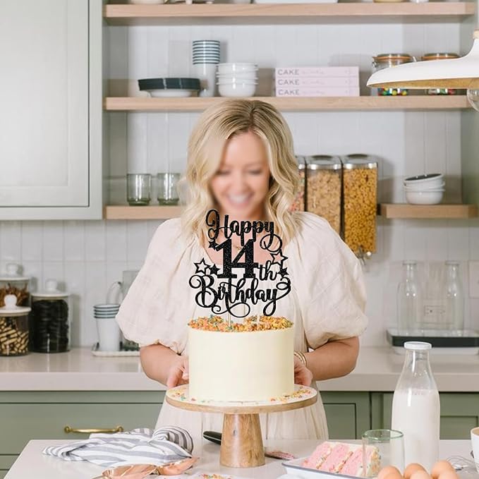 1 PCS Happy 14st Birthday Cake Topper Glitter Cheers to 14 Years Birthday Cake Pick Hello 14 Fabulous Cake Decoration for Happy 14st Birthday Anniversary Party Decorations Supplies Black