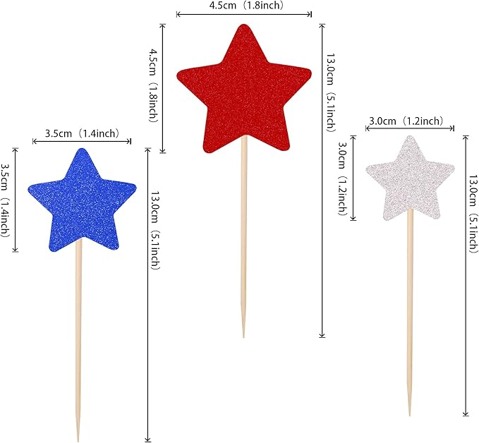 30 PCS Independence Day Cupcake Toppers Glitter Blue Red Silver Twinkle Little Star Cupcake Picks Wedding Bridal Shower Baby Shower Birthday American National Party Cake Decorations Supplies
