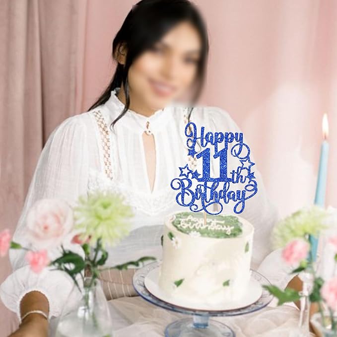 1 PCS Happy 11th Birthday Cake Topper Glitter Cheers to 11 Years Birthday Cake Pick Hello 11 Fabulous Cake Decoration for Happy 11th Birthday Anniversary Party Decorations Supplies Blue