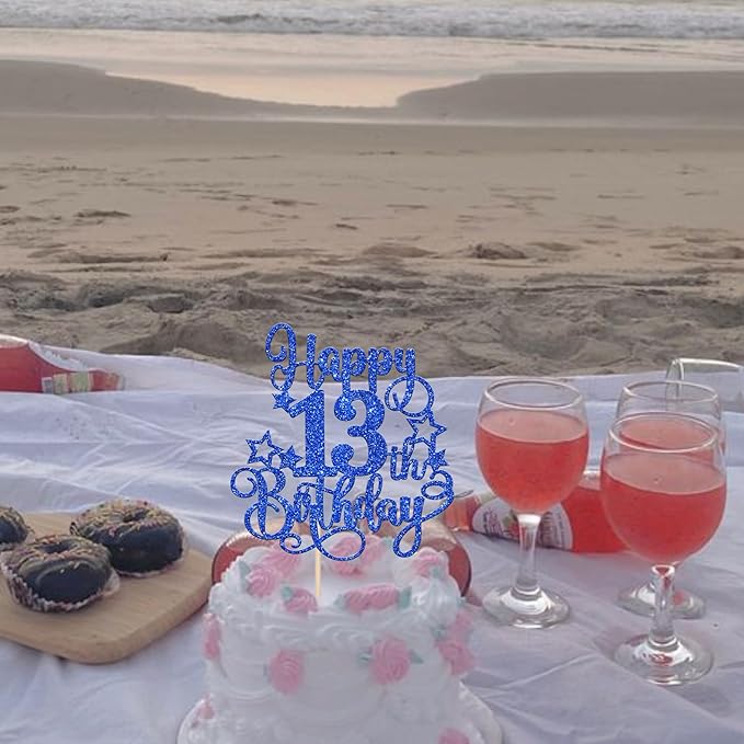 1 PCS Happy 13th Birthday Cake Topper Glitter Cheers to 13 Years Birthday Cake Pick Hello 13 Fabulous Cake Decoration for Happy 13th Birthday Anniversary Party Decorations Supplies Blue