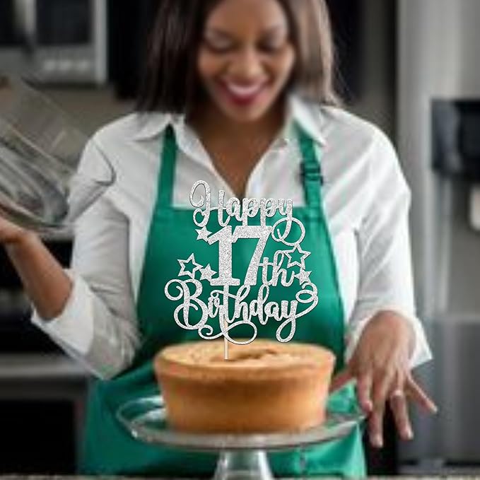 1 PCS Happy 17th Birthday Cake Topper Glitter Cheers to 17 Years Birthday Cake Pick Hello 17 Fabulous Cake Decoration for Happy 17th Birthday Anniversary Party Decorations Supplies silver