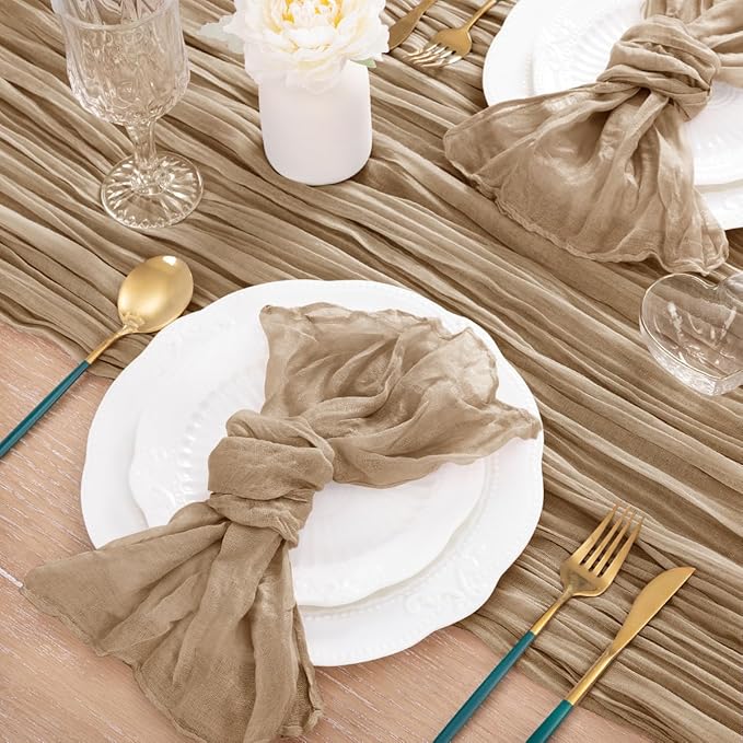 MLMC 8 Pack Nude Cheesecloth Table Runner Boho Rustic Gauze Taupe Cheese Cloth Table Runner 10ft Neutral Home Winter Decor 35x120 Inches for Reception Wedding Bridal Shower Picnic Decor