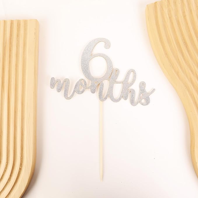 6 Months Cake Topper - Golden Glitter 1/2 Birthday Cake Decorations, Perfect for Baby Shower/Gender Reveal Party/Baby Party Photo Booth Props (Silver)