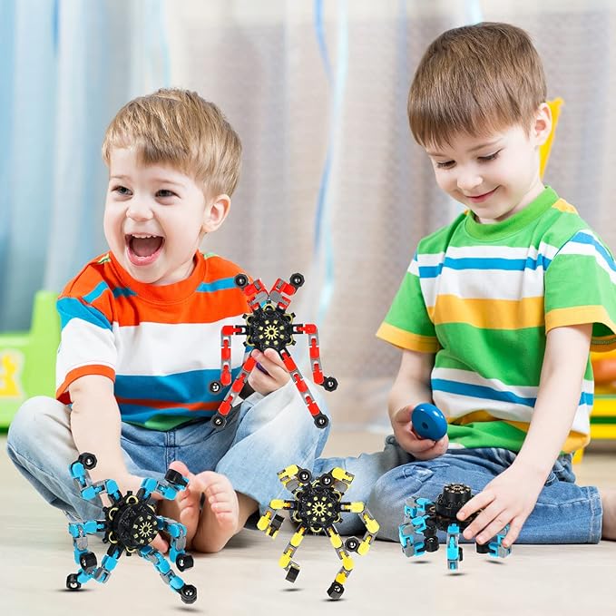 Junkin 100 Pcs Funny Sensory Fidget Toy Bulk Transformable Chain Robot Finger Toys Fidget Spinners Stress Relief Fingertip Gyro Deformable Mechanical Spiral Spinner for Adult Kids ADHD (Classic)