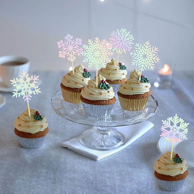 36Pcs Snowflake Cupcake Toppers Laser Silver Glitter Snowflake Cake Toppers Frozen Cake Decorations for Baby Shower Winter Wonderland Christmas Party Cake Decoration Supplies