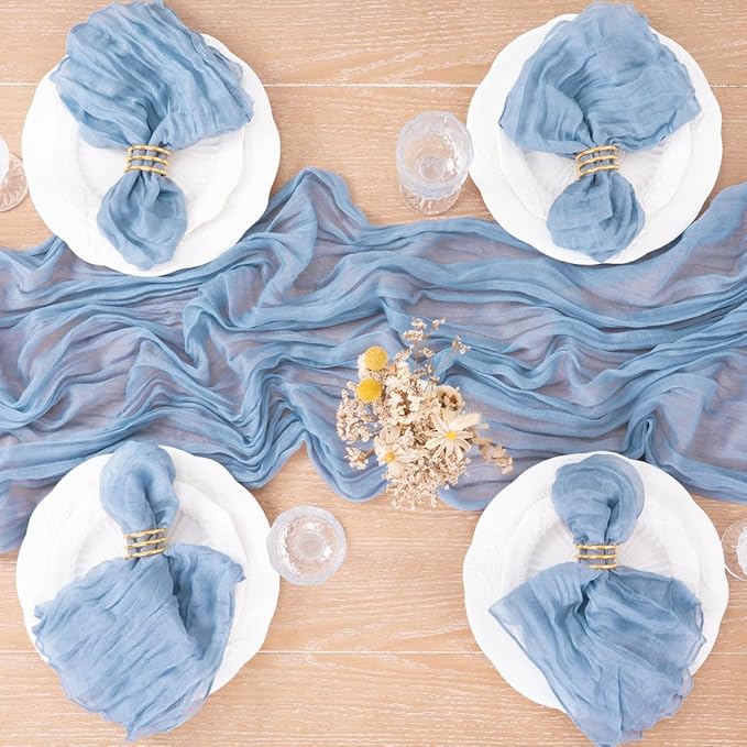MLMC 12 Pack Dusty Blue Table Runner 10ft Boho Gauze Cheesecloth Table Runner 35x120 Inches Rustic Cheese Cloth Centerpiece for Wedding Bridal Shower Baby Shower Party Decor