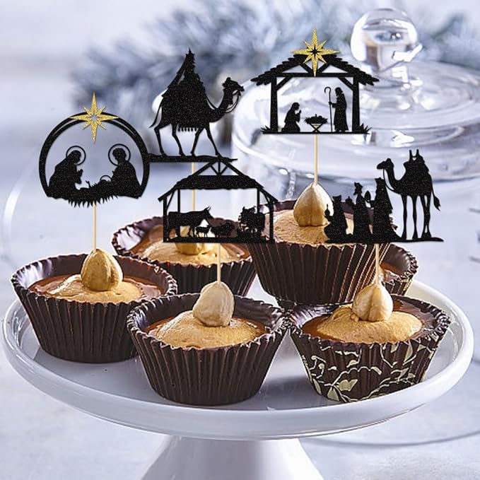 30Pcs Christmas Nativity Cupcake Toppers Black Glitter Holy Cake Decoration Christmas Jesus Decorations for Nativity Scene Holy Family Religious Birthday Party Decorations