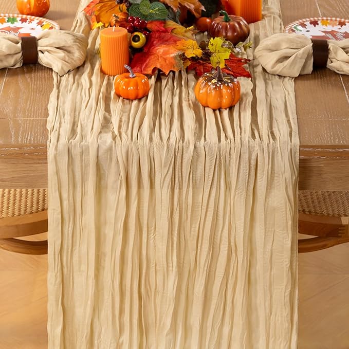 MLMC Champagne Cheesecloth Table Runner 10ft Sand Rustic Gauze Cheese Cloth Table Runner 35x120 Inches for Farmhouse Cozy Holiday Outdoor Events Home Decor