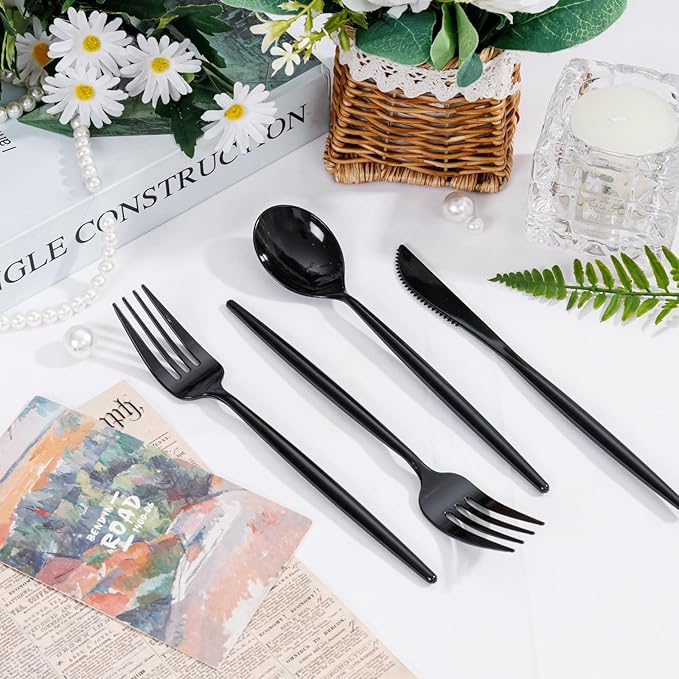 Supernal 360pcs Black Plastic Silverware Heavy Duty Black Plastic Utensils Disposable Cutlery Set Includes Disposable Knives,Forks and Spoons Silverware Set for Parties,Weddings & Birthday