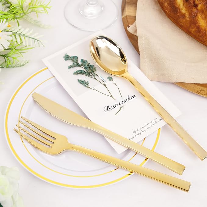 Rubtlamp 180 Pcs Gold Plastic Silverware - Disposable Plastic Utensils - Heavy Duty Plastic Forks And Spoons - Gold Plastic Cutlery Set Include 60 Forks, 60 Knives And 60 Spoons for Christmas Party