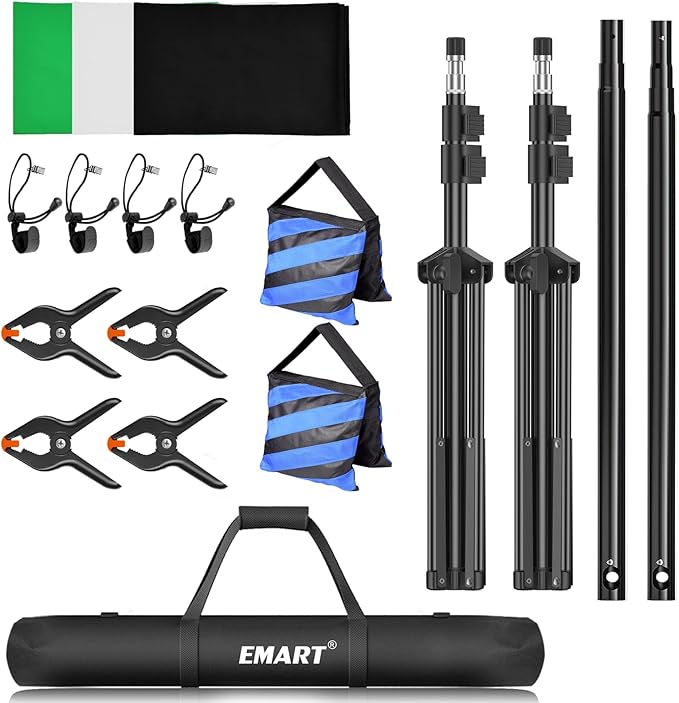 EMART Photo Video Studio Backdrop Stand Kit, 7×10ft Adjustable Photography Support System with Polyester Background(Black/White/Green Screen), Spring Clamps and Carry Bag for Photoshoot