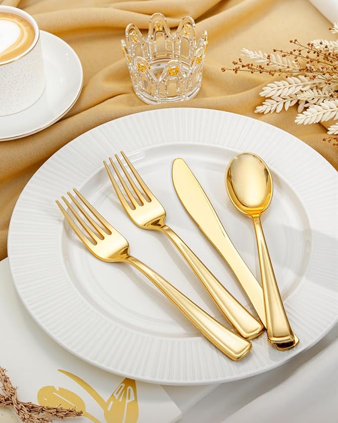 bUCLA 600 Pieces Gold Plastic Silverware - Disposable Gold Utensils - Heavyweight Plastic Cutlery set- 200 Forks, 200 Spoons, 200 Knives for Party & Thanksgiving