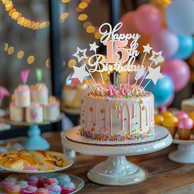 Happy 15th Birthday Cake Toppers, Rose Gold Silver Glitter Cake Decorations Set, 15th Birthday Decor, Birthday Anniversary Party Decorations Supplies