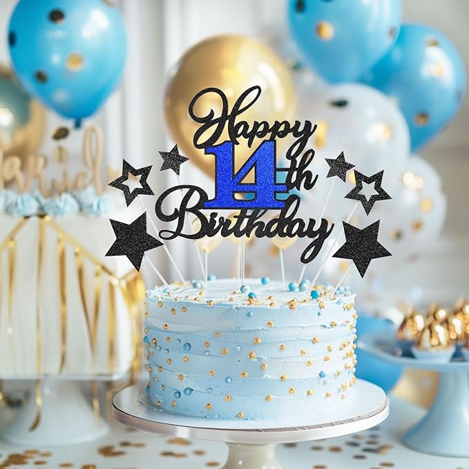 14th Birthday Cake Topper, Black Blue Happy 14th Birthday Cake Toppers for Boy Girl, 14 Years Old Birthday Party Supplies, Glitter Cake Decor, 14th Birthday Cake Decorations