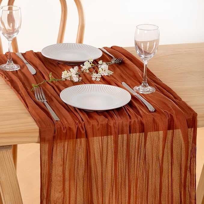 MLMC 3 Pack Terracotta Table Runner 10ft Rustic Burnt Orange Cheesecloth Table Runner 35 x 120 inches Boho Cheese Cloth Centerpiece for Wedding Bridal Shower Pinic Thanksgiving Decor