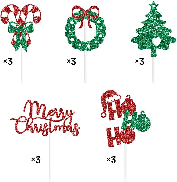 Merry Christmas Cupcake Toppers, Merry Christmas, Ho Ho Ho, Xmas Food Picks, Xmas Holiday Birthday Baby Shower Party Decorations 15 PCS