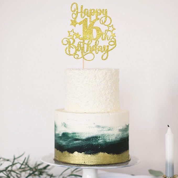 1 PCS Happy 16th Birthday Cake Topper Glitter Cheers to 16 Years Birthday Cake Pick Hello 16 Fabulous Cake Decoration for Happy 16th Birthday Anniversary Party Decorations Supplies Gold