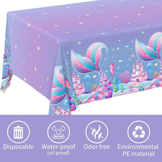 Gatherfun Mermaid Party Supplies Set: Mermaid Birthday Decorations, Includes 2-Pack Mermaid-Themed Tablecloths for Kids & Girls 1st Birthday, Mermaid Party Decorations Table Covers 54 x 108 Inch