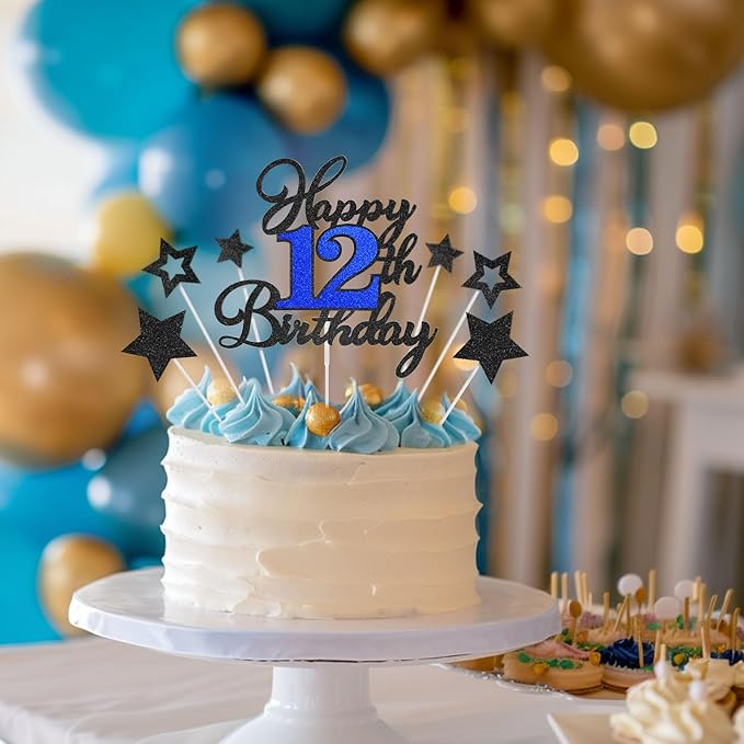 12th Birthday Cake Topper, Black Blue Happy 12th Birthday Cake Toppers for Boy Girl, 12 Years Old Birthday Party Supplies, Glitter Cake Decor, 12th Birthday Cake Decorations