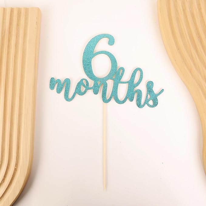 6 Months Cake Topper - Golden Glitter 1/2 Birthday Cake Decorations, Perfect for Baby Shower/Gender Reveal Party/Baby Party Photo Booth Props (Light Blue)
