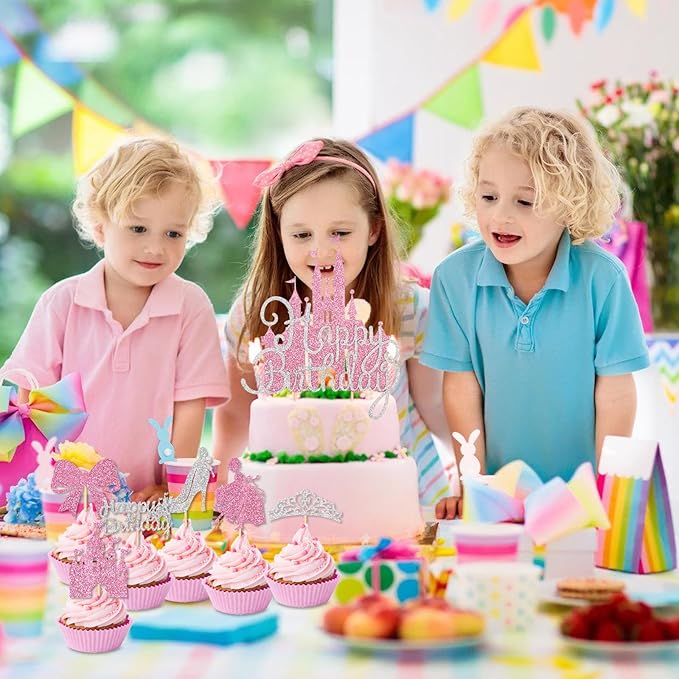 26Pcs Castle Princess Cake Topper Silver Pink Glitter Princess Cupcake Toppers High Heel Bow Crown Princess Cake Decorations for Princess Birthday Party Supplies Baby Bridal Shower