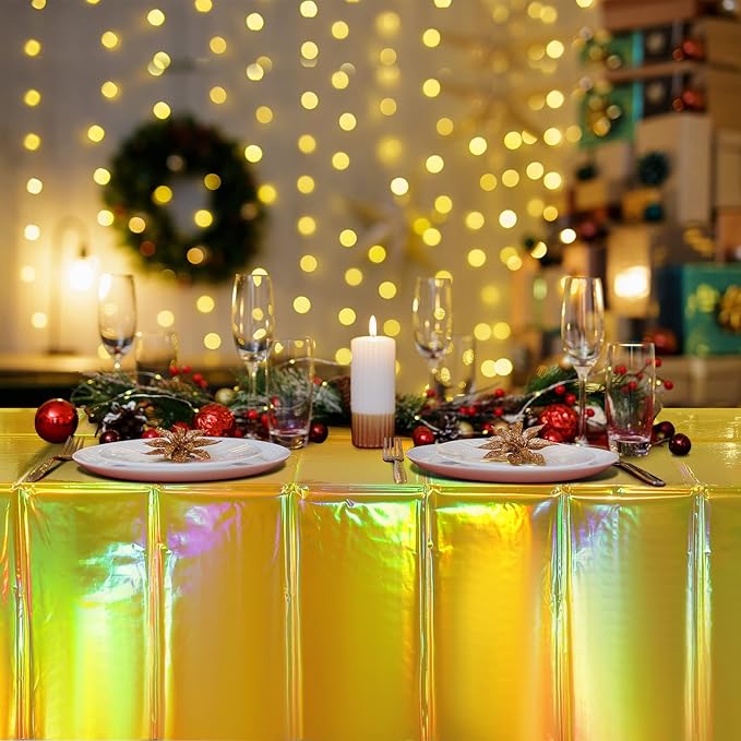 1 Pack Gold Iridescent Plastic Tablecloths Shiny Disposable Laser Rectangle Table Covers Holographic Foil Tablecloth Iridescent Party Decorations Birthday Bridal Wedding Christmas, 54 x 108 Inch