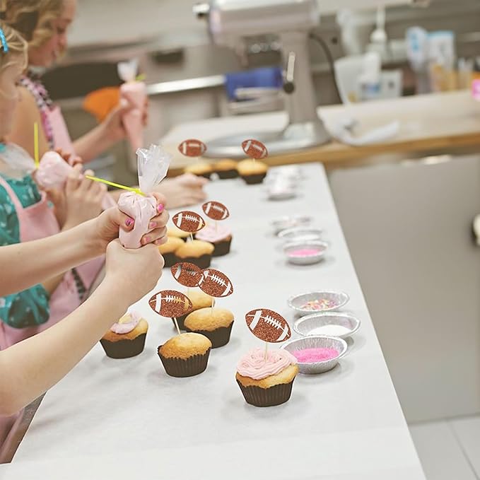 24Pcs Rugby Football Cupcake Toppers Rugby Ball Cupcake Picks Sports Ball Theme Cake Decoration for Rugby Super Baby Shower Kids Birthday Party Decorations Supplies