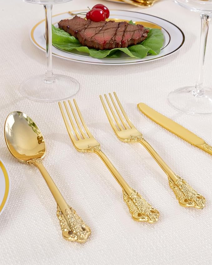 bUCLA HEAVYWEIGHT 150PCS Gold Plastic Silverware Disposable - Extra Heavy Duty Plastic Cutlery - Gold Disposable Utensils Set - Include 50 Knives, 50 Forks,50 Spoons for Party & Special Moments