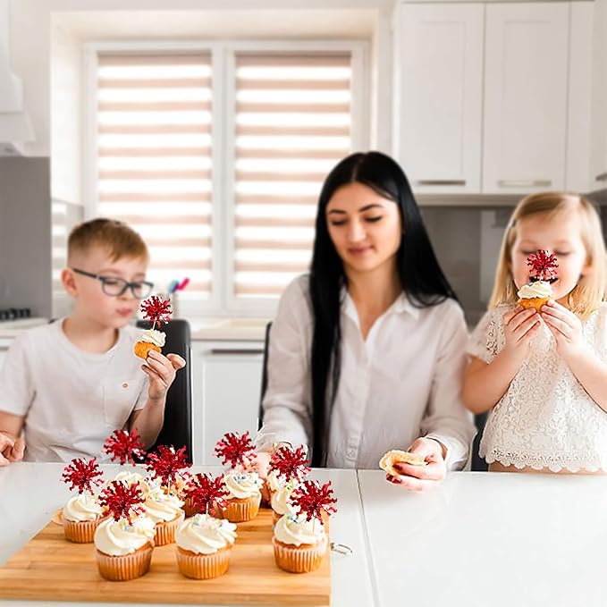 Gyufise 30Pcs Foil Firework Cupcake Toppers Sparkle Tinsel Cake Toppers Tinsel Drink Cake Decoration Cocktail Picks for Birthday Wedding Graduation Party Supplies Red