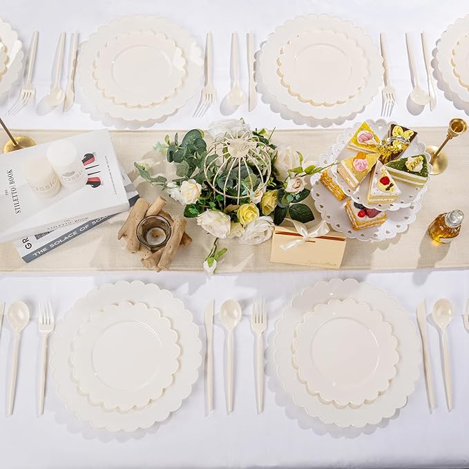 Supernal 180pcs Plastic Silverware Heavy Duty Ivory Plastic Utensils Cutlery Disposable Beige Plastic Cutlery Include 60 Plastic Forks,60 Plastic Knvies,60 Plastic Spoons for Party,Wedding