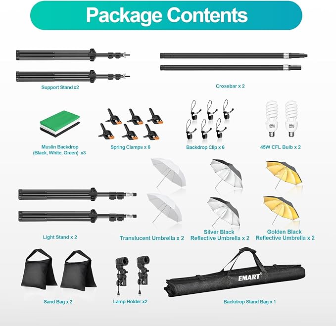 EMART 6.5x10ft Backdrop Support System, Professional Photography Lighting Kit with 45W CFL Blub, Umbrellas, 6x9ft Backdrop(White/Black/Green) for Photography Studio, Portrait, Video Shooting