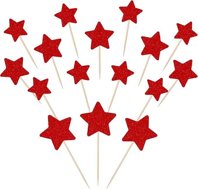 30 PCS Star Cupcake Toppers Glitter Mixed Size Twinkle Little Star Cupcake Picks Decorations for Wedding Anniversary Baby Shower Birthday Party Supplies Red