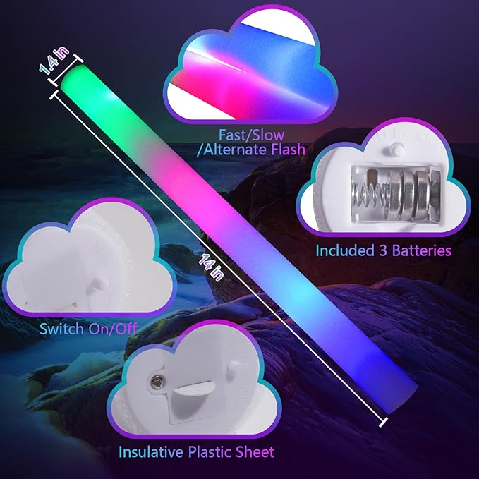 58 PCS LED Foam Glow Sticks Bulk, Glow in the Dark Party Supplies with 3 Modes Colorful Flashing, Neon Party Favors for Birthday, Wedding, Carnival, Concert, New Year Glow Sticks