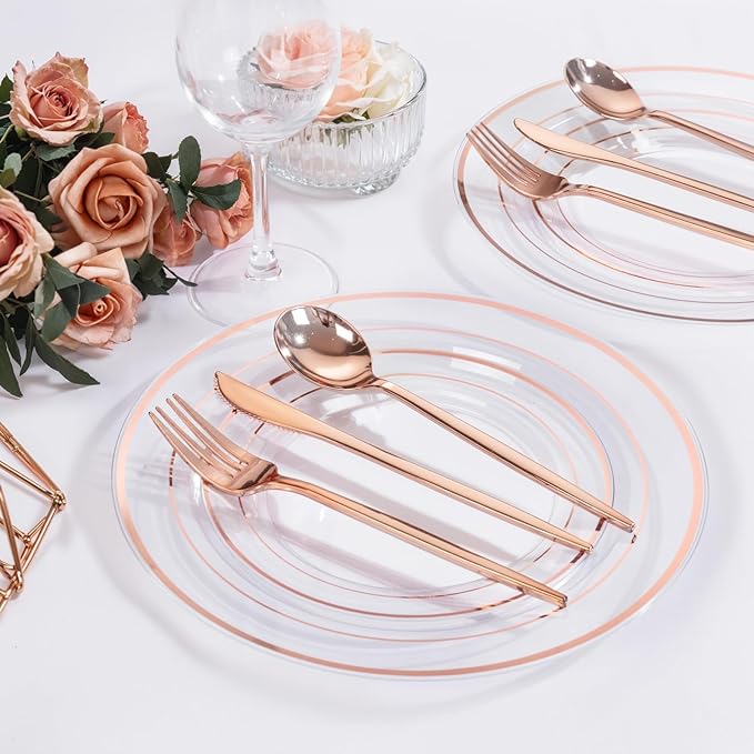 PULOTE 150PCS Rose Gold Plastic Silverware Set - Heavy Duty Rose Gold Utensils - Plastic Cutlery Disposable - Include 50 Forks, 50 Knives, 50 Spoons for Party & Wedding