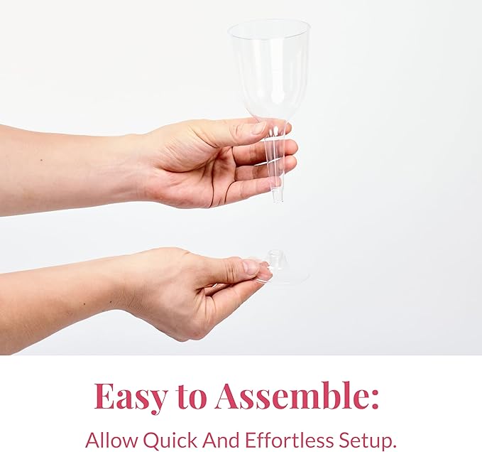 Prestee Stemmed Disposable Wine Glasses - 10 oz Clear Plastic Wine Glasses BPA-Free - Easy Assembly for Parties Weddings Picnics - Durable and Sturdy Wine Plastic Cups - 48 Pack