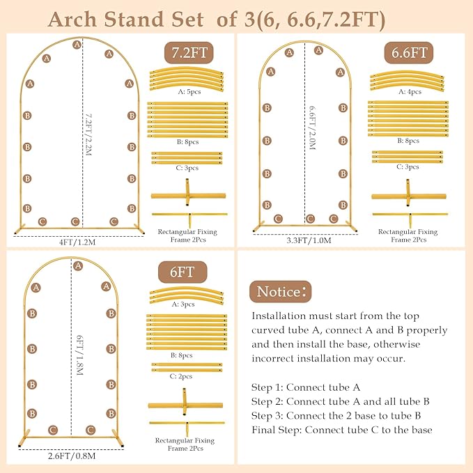 Metal Arch Backdrop Stand Set of 3(7.2 ft, 6.6 ft, 6 ft) Party Arch Stands for Wedding, Birthday, Baby Shower, Bridal Shower, Balloon Arched Frame for Garden Decor, Gold Floral Arches, 3 Pieces