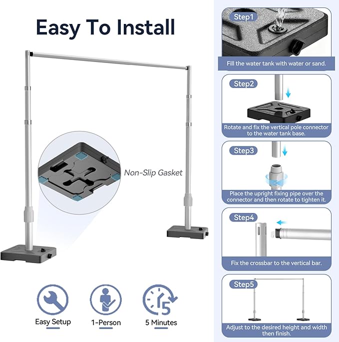 EMART 10x10ft Backdrop Stand Heavy Duty Kit with Water Tank Base, Pipe and Drape Adjustable Photo Backdrop Stand for Wedding, Party, Baby Shower, Christmas, Birthday Decorations-Silver