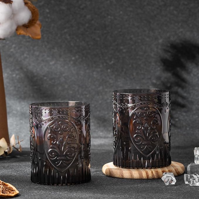 24 Plastic Vintage Drinking Glasses 8.5oz Stemless Retro Embossed Wine Glasses Shatterproof Reusable Cups for Baby Shower Wedding Reception Grand Event Party (Black)