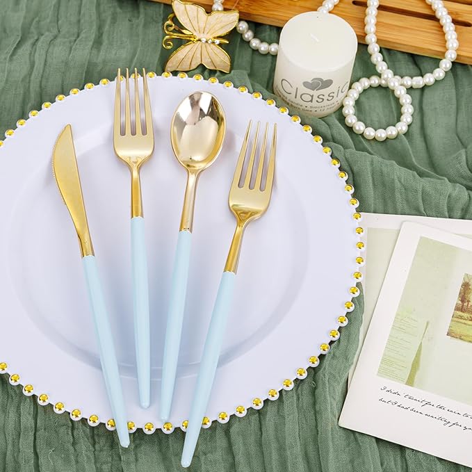 Supernal 102Pcs Mint Green Plastic Silverware,Gold Cutlery with Mint Green Handle,Gold Plastic Silverware Heavy Duty Include 34 Forks,34 Spoons and 34 Knives Prefect for Party,Wedding & Mother's Day