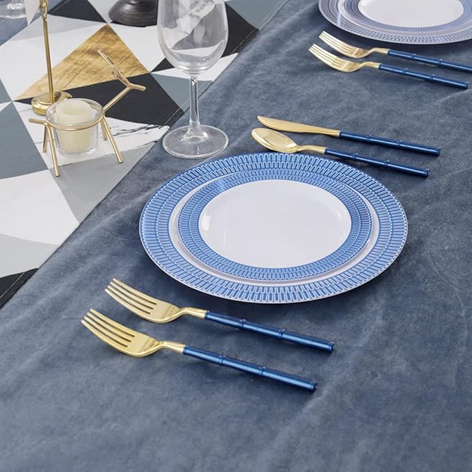 Supernal 180pcs Gold Plastic Silverware,Gold Plastic Cutlery with Blue Glitter Bamboo Handle,Elegant Durable Disposable Cutlery Heavy Duty include 60 Knives,60 Forks,60 Spoons