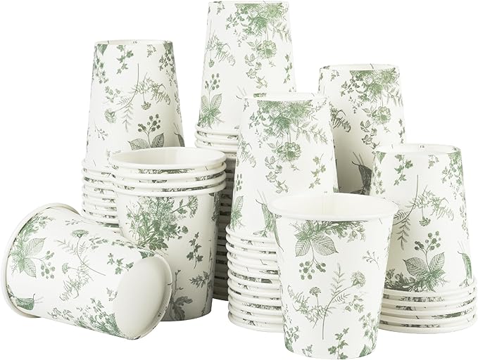 100Pcs Floral Paper Cups White Sage Green Flowers Party Cups 9oz Disposable Toile Chinoiserie Drinking Cups for Hot Cold Beverage Birthday Baby Shower Party Supplies (100, Sage Green)