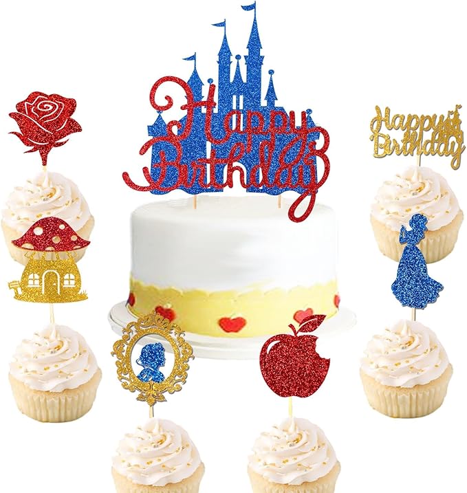 26Pcs Glitter Princess Cake Topper Set with Royal Blue Castle Happy Birthday Cake Toppers Red Rose Apple Cupcake Toppers for Princess Winter Wonderland Forest Baby Shower Party Decor