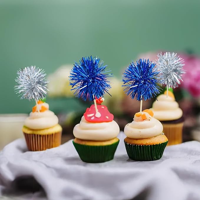 Gyufise 30Pcs Foil Firework Cupcake Toppers Sparkle Tinsel Cake Toppers Tinsel Drink Cake Decoration Cocktail Picks for Birthday Wedding Graduation Party Supplies Silver Dark Blue