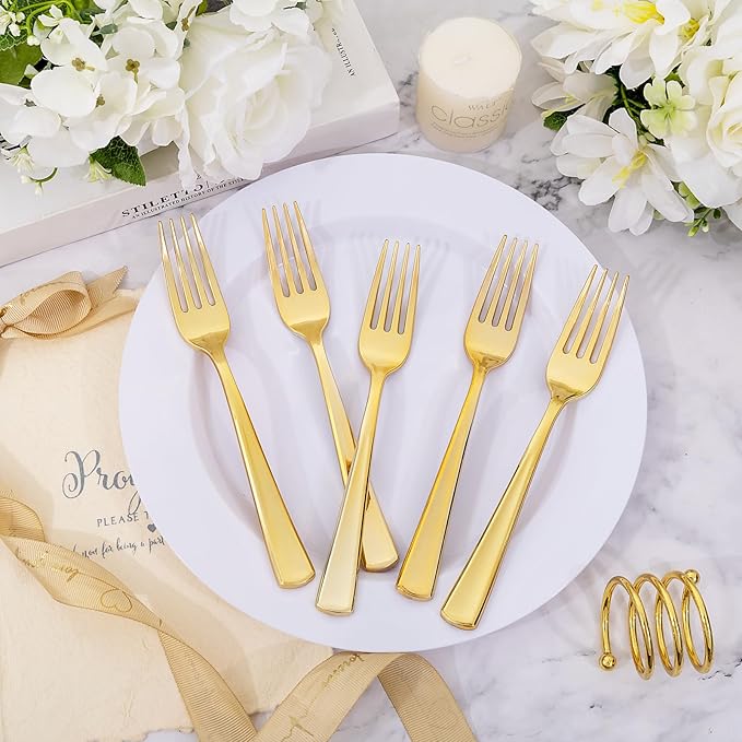 bUCLA 600PCS Gold Plastic Forks - 7.4inch Heavy Duty Plastic Forks Bulk Disposable for Party - Gold Silverware,Ideal for Weddings&Daily Using