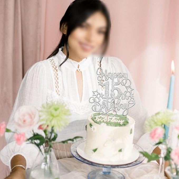 1 PCS Happy 15th Birthday Cake Topper Glitter Cheers to 15 Years Birthday Cake Pick Hello 15 Fabulous Cake Decoration for Happy 15th Birthday Anniversary Party Decorations Supplies silver