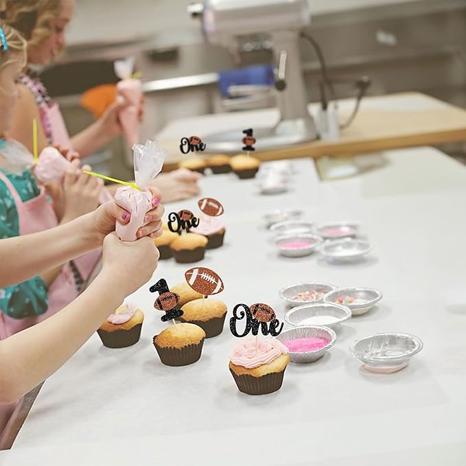 24Pcs Rugby 1st Birthday Cupcake Toppers Glitter First Birthday American Football One Cupcake Picks Decorations for Rugby Sports Theme Baby Shower Kids 1st Birthday Party Cake Supplies