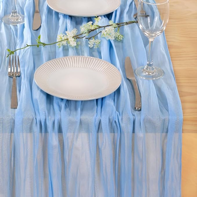 MLMC 8 Pack Baby Blue Table Runner Light Blue Cheesecloth Table Runner 10ft Rustic Gauze Blue Cheese Cloth Baby Shower Decor 35x120 Inches for Gender Reveal Birthday Wedding Party Decor