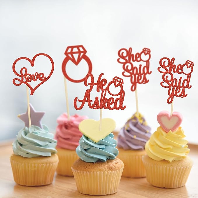 Gyufise 24 Pieces Red Glitter Engagement Cupcake Toppers He Asked She Said Yes Diamond Ring Heart Cupcake Picks for Wedding Bridal Shower Party Cake Decorations