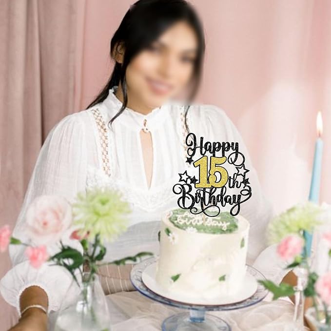 1 PCS Happy 15th Birthday Cake Topper Black Gold Glitter Cheers to 15 Years Birthday Cake Pick Hello 15 Fabulous Cake Decoration for Happy 15th Birthday Anniversary Party Decorations Supplies