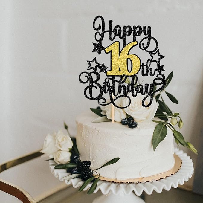 1 PCS Happy 16th Birthday Cake Topper Black Gold Glitter Cheers to 16 Years Birthday Cake Pick Hello 16 Fabulous Cake Decoration for Happy 16th Birthday Anniversary Party Decorations Supplies
